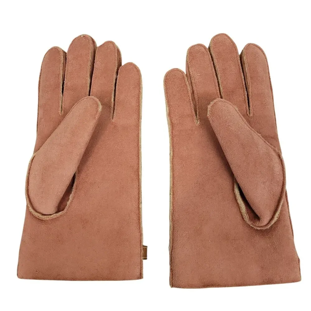 Talbots Womens Faux Suede Driving Gloves Sz S/M Sherpa Lined Belted Pink